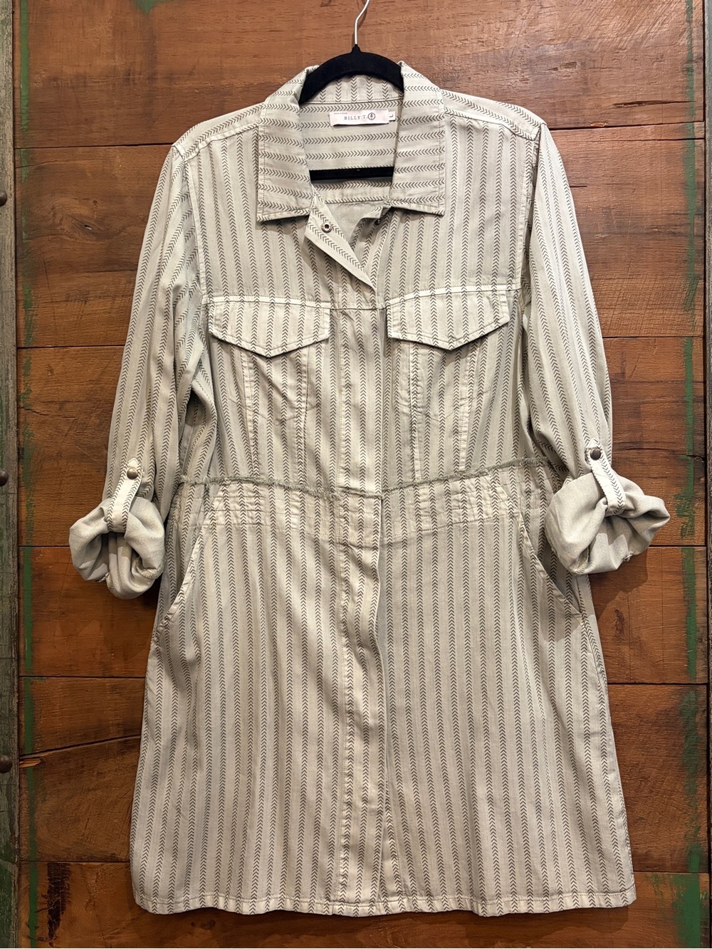 Billy T Button-Front Striped Utility Shirtdress in Light Beige